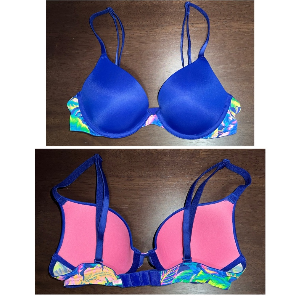 NWOT PINK By Victoria's Secret Blue Floral ‘Wear Everywhere’ Push-up Bra! 34A.